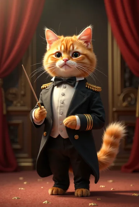 an adorable orange cat with conductor posture from side side perspective wearing suit formal wear conductor outfit ready to command an orchestra in a theater