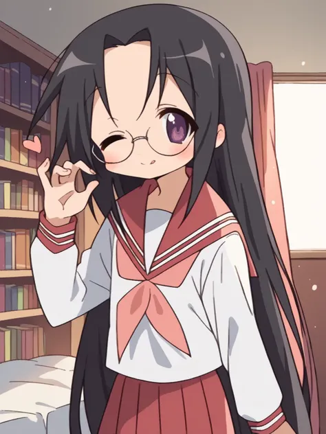 score_9, score_8_up, score_7_up, source_anime, hiyori tamura, long hair, black hair, very long hair, purple eyes, glasses,, skirt, long sleeves, school uniform, pleated skirt, serafuku, sailor collar, neckerchief, red skirt, ryouou school uniform,, library...