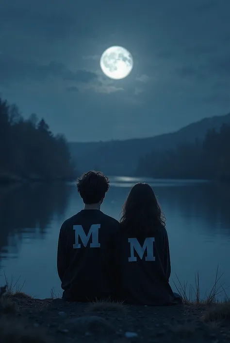 A man and a woman wearing a black cold shirt with the name M ••U sitting alone the river watching the moon light 
