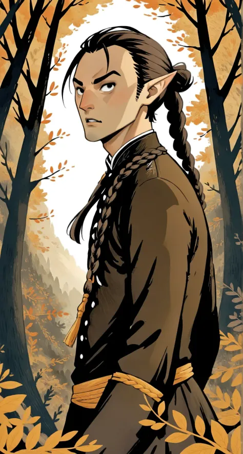 2D ART, hyper detailed gouache painting, illustration, gougoupaintleaves style, portrait of a man, 1boy, solo, long_hair, braided brown hair, high_ponytail_hairstyle, male_drow:1.5, dark elf, black eyes, black_sclera, detailed face, handsome features, dark...