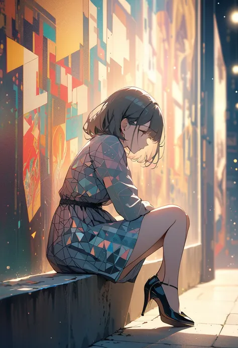 (masterpiece, best quality),(double exposure: 1.2), subtle colors, post-grunge, paint splatters, intricate details, detailed depiction,A whimsical,girl sitting facing sideways, in front of a wall-art. girl wearing a uniquely patterned linen dress and black...