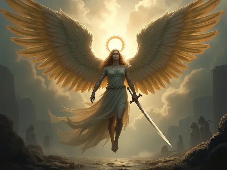 a painting of an angel with wings and a sword in the air, symmetrical epic fantasy art, the angel of death, diablo digital concept art, archangel, the angel of death with a halo, diablo concept art, angel of death, angel watching demon, winged archer, supe...