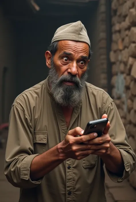 Main Character (Dhan Bahadur): A middle-aged man wearing a daura suruwal and topi, holding a simple mobile phone with a surprised and panicked expression.
