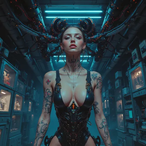 (The limbs were departed and only the torso and the head part:1.5) She was hung in the ceiling, a beautiful female Android, laboratory and repaired, vivid colors,  intricate robotic design, glowing futuristic lights, complex machinery, seamless blend of or...