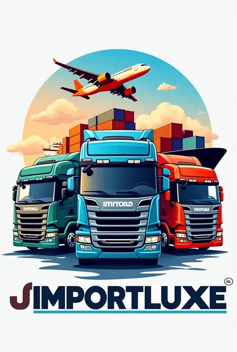  It is an import and export company , known worldwide .  So this logo must be as professional as possible ,  bringing sophistication ,  bright and vibrant colors and a business footprint .  The image must contain 3 trucks with different colors ,  an airpla...