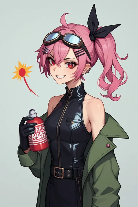 1girl. pink hair. red eyes. smirking. goth girl. side ponytail. ornate hairpin. 22years old. tall. slim. green trench coat. leather coat. bare upper arms. sleeveless coat. long gloves. military goggles. Bomb with a lit fuse. dynamite. Bomb in hand. Sucking...