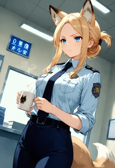 1girl, solo, dutch angle, light brown fox ears, blonde hair, hair tied back, blue eyes, beautiful detailed eyes, medium breasts, white shirt, balck tie, black pants, holding a cup of coffee, reading a report, indoors, police station, (white walls: 1.2), se...