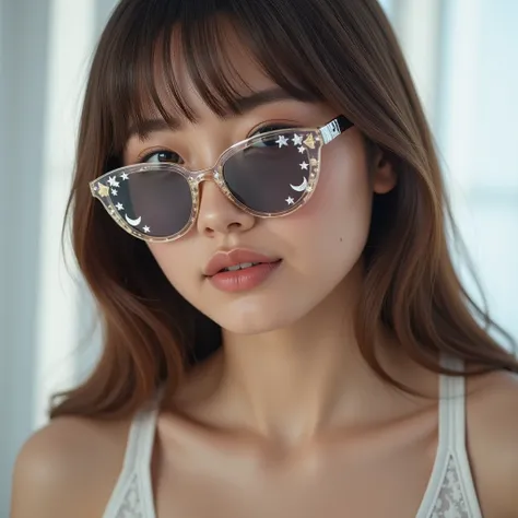 The model is wearing glass sunglasses with stars and moon on them