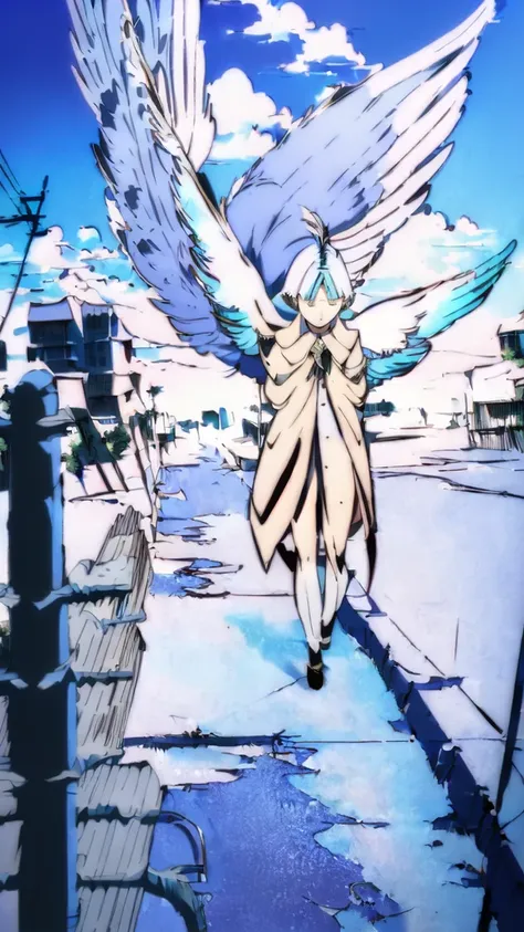 anime girl with white hair and wings in a blue sky, by Shingei, angelic wings on her back, official art, full body close-up shot, winged victory!!!, more details, big white glowing wings, from attack on titan, anime land of the lustrous, (attack on titans ...