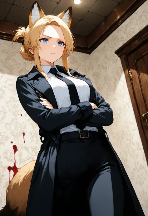 1girl, solo, dutch angle, from below, light brown fox ears, blonde hair, hair tied back, blue eyes, beautiful detailed eyes, medium breasts, white shirt, balck tie, black trench coat, black pants, light brown fox tail, arms crossed, indoors, (white walls: ...