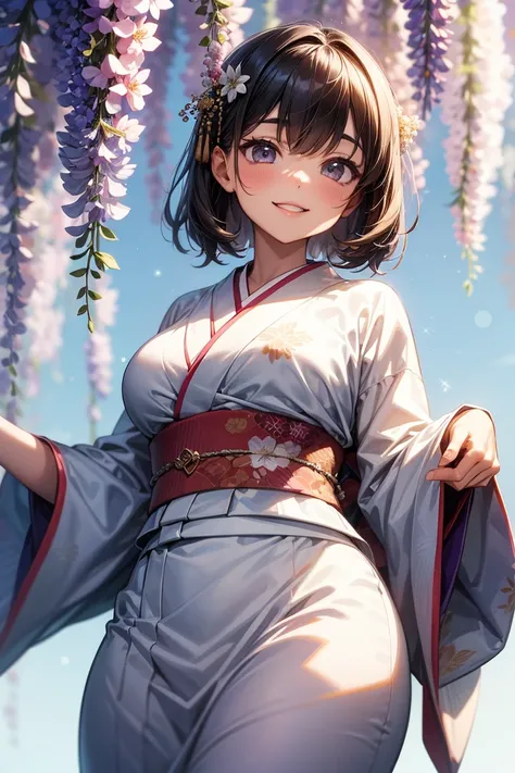     Shrine grounds  , Clear sky with white clouds, Kimono costume,   artfully patterned kimono,Kimono with wisteria flower pattern, blur background, Mother, Big Breasts , smile,  Glitter Effects  ,  best quality , 8k,   high resolution, masterpiece:1.2,   ...