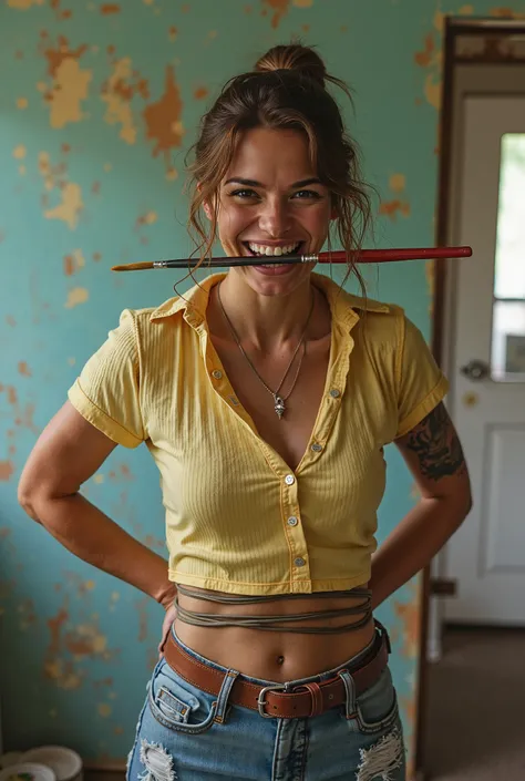 A woman trying to paint biting a paintbrush glued between her teeth and her hands tied behind her back and smiling while biting the paintbrush glued between her teeth 