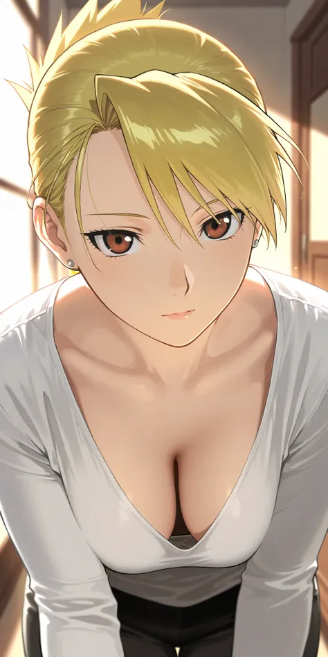 Masterpiece, elegant mature woman, riza hawkeye, tall body, slim, casual long sleeve shirt, downblouse, upper body, dynamic lighting, ultra detailed, highres, absurdres, home, fullmetal alchemist style, official art 