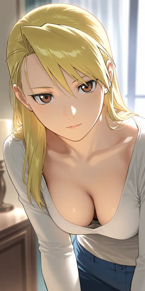 Masterpiece, elegant mature woman, riza hawkeye, tall body, slim, casual long sleeve shirt, downblouse, upper body, dynamic lighting, ultra detailed, highres, absurdres, home, fullmetal alchemist style, official art 