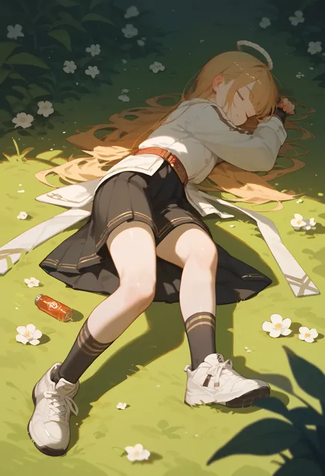  girl sleeping on the ground, dynamic pose 