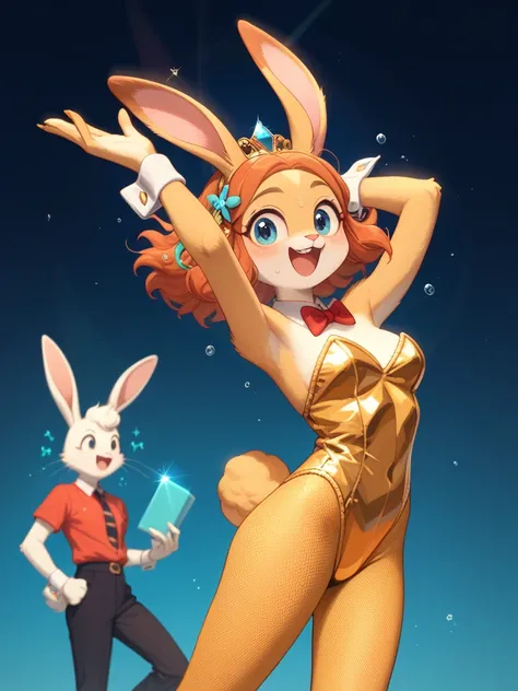 furry bunny girl , gold spangle bunny suit like samba costume , dance scene
Hit Bongo Resonate Samba ,
Dance the southern carnabal ,
Everyone is excited and he is making a fuss , 
Glowing sweat is butting