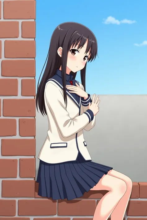  
The girl is sitting on a wall,  in his Japanese school uniform ,  consisting of a navy blue pleated skirt and a white blazer with a high collar.  Her hair is long and dark , and falls on his shoulders.  One of her hands is resting on the wall ,  with you...