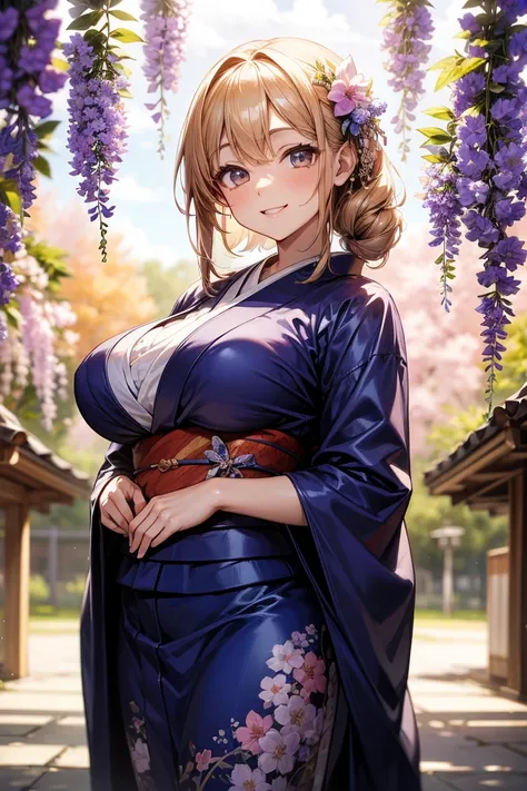     Shrine grounds  , Clear sky with white clouds, Kimono costume,  Kimono with artistic pattern,Kimono with wisteria flower pattern, blur background, Mother, Big Breasts , smile,  Glitter Effects  ,  best quality , 8k,   high resolution, masterpiece:1.2, ...