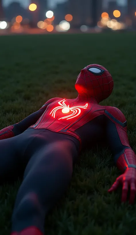 A digitally rendered image of Spider-Man, lying prone on a grassy field at night.  The superhero is depicted in a red and black costume. His costume is realistically rendered, showing details like the suit's texture and stitching. His chest is open, reveal...