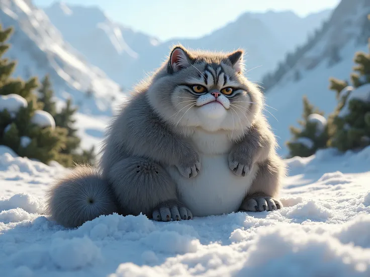  photography , Ultra-realistic, (fat fluffy manul sits in the snow),  put his front legs on his fluffy tail. very disgruntled gloomy face. mountains and bushes in the background.  a sunny winter day 