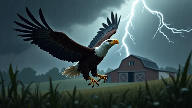 A fierce storm engulfs the farm, with high winds whipping up leaves and shaking trees. A young Bald Eagle is pushed out of the coop, its wings spread wide as it tries to balance itself against the wind. Lightning flashes across the overcast sky, and raindr...