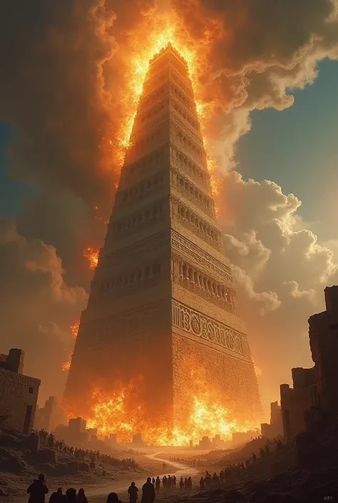 Create the Tower of Babel with fire and destruction effects 