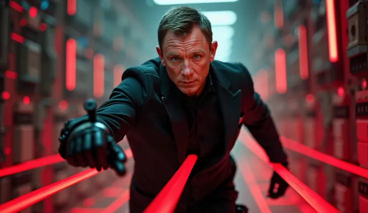 Description: Bond infiltrates a high-security vault with laser grids. He wears a sleek, all-black tactical suit with advanced gadgets strapped to his wrist.
Motion Prompt: The camera moves dynamically, following Bond as he flips over lasers in slow motion....