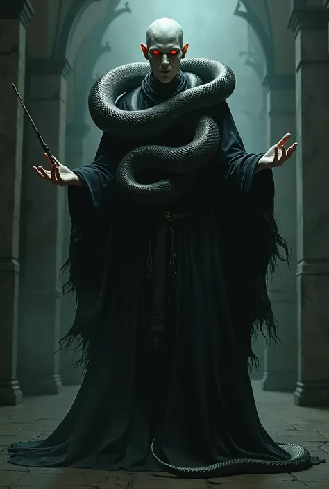 Create voldemort with nagini around his neck, standing with both his hands extended to embrace you. UP CLOSE. AND LITTLE LESS CREEPY FACE. HOLDING A WAND IN HIS RIGHT HAND.