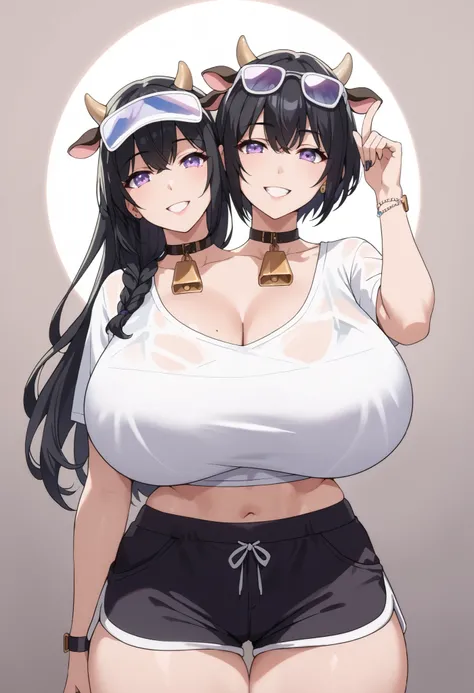 2heads, a tall thin woman with 2 heads, black hair, black short hair, black long hair, purple eyes, cow ears, cow horns, Sunglasses on top of the head. grinning. She is wearing a white shirt and dolphin shorts. She is inside a bedroom. Huge breasts.