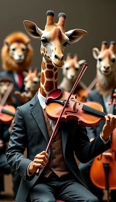 a huge orchestra formed by several animals, among them a giraffe wearing a suit sitting down playing the violin, a monkey, cats, a lion, they wear formal clothes, suits, the female animals wear ultra-realistic dresses