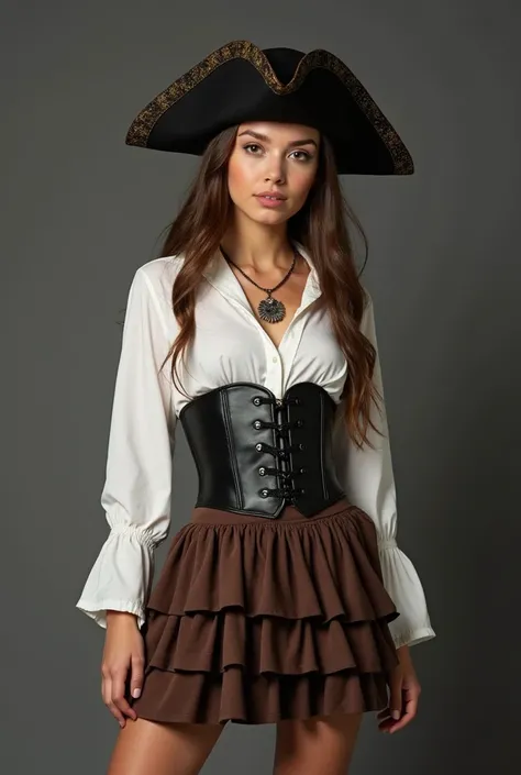 A girl wearing pirate costume which includes white shirt, black waist corset, brown skirt with layers and pirate hat on head, waist necklace.hide her boobs to make it look decent and show head to leg photo