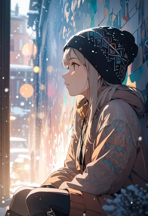 (masterpiece, best quality),(double exposure: 1.2), subtle colors, post-grunge, paint splatters, intricate details, detailed depiction,whimsical,girl sitting facing sideways, in front of wall-art. girl wearing beanie,black foodie and boots,18yo,snow fall,w...