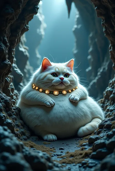 a fluffy fluffy fat gemoy cat is sitting languishing like a tapa in a cave that is so spooky