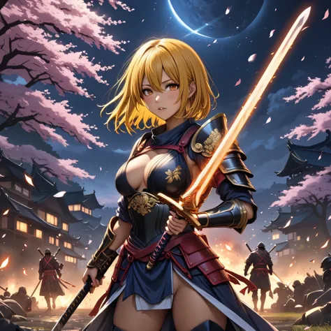   1 girl　+ Master of Swords　+  with a sword　+ Overwhelming Enemy  　+Ninja　+Sengoku Warlord Armor　+The Big Picture　+yellow hair　+The dignity of the general　+Glossy tanned skin　+The magic sword glows orange 　、
battlefield　+ Cherry Blossoms at Night　+ Sword e...