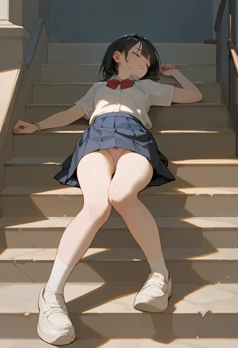  unconscious girl lies on the stairs, the stairs to schools fell, the skirt got lifted up, видны panties, panties,  dynamic pose , back view
