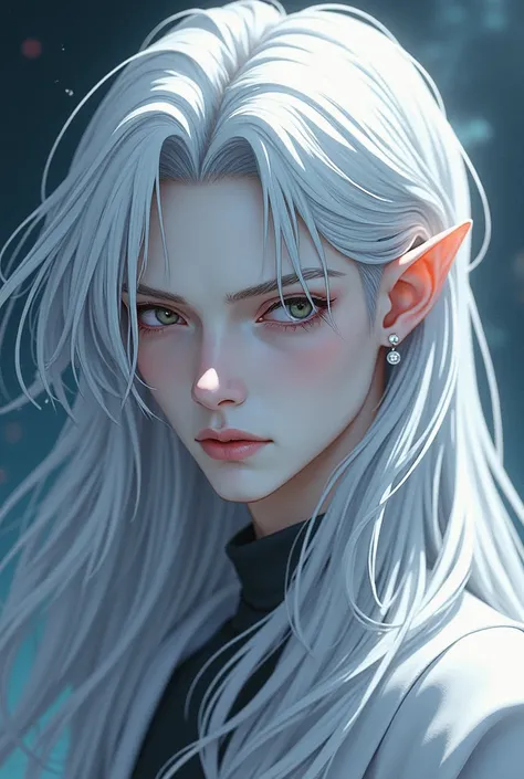 white-skinned man, The appearance of an elf,  pointed ears ,  long silver hair , One eye covered with hair,  animation style, Doujinshi style,  cool impression