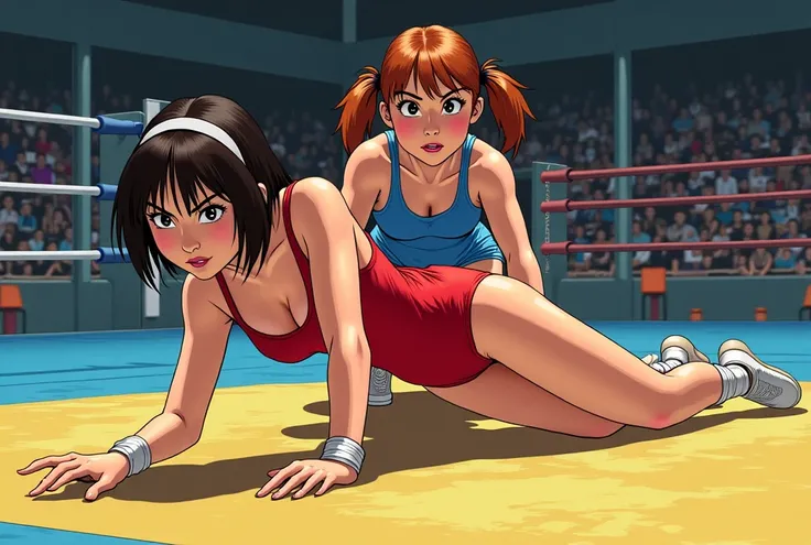 ultra detail, anime style. Match from the eighties. a female in a red freestyle wrestling singlet is on all fours in the center of the mat, and a female in a blue freestyle wrestling singlet is holding it from behind