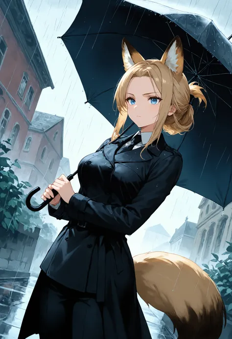 1girl, solo, dutch angle, light brown fox ears, blonde hair, hair tied back, blue eyes, beautiful detailed eyes, medium breasts, white shirt, balck tie, dark trench coat, black pants, light brown fox tail, serious expression, holding an umbrella, funeral, ...