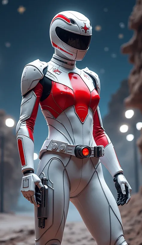 Futuristic Power Ranger inspired by 🚓  .  Characters wear  ,   metallic armor in white with red accents  ,  shining reflects the colors of the england flag  .   The suit shines decorated with intricate patterns inspired by traditional england art  .   The ...