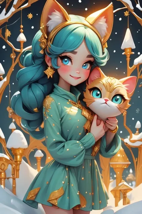 Perfect face. Perfect hands. A petite teal haired woman with golden eyes and teal cat ears and a teal cat tail in a winter wonderland dress is smiling in a winter wonderland
