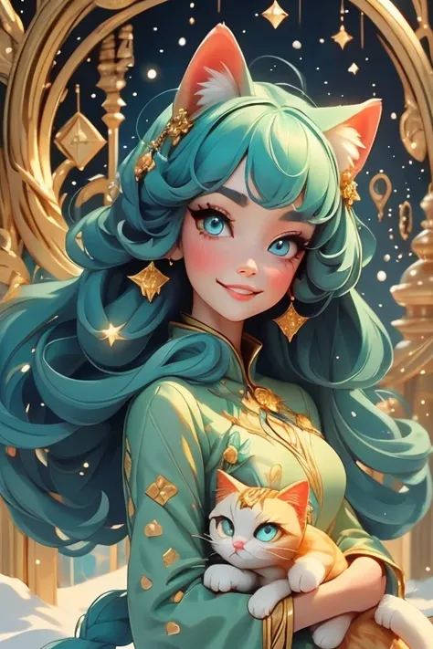 Perfect face. Perfect hands. A petite teal haired woman with golden eyes and teal cat ears and a teal cat tail in a winter wonderland dress is smiling in a winter wonderland
