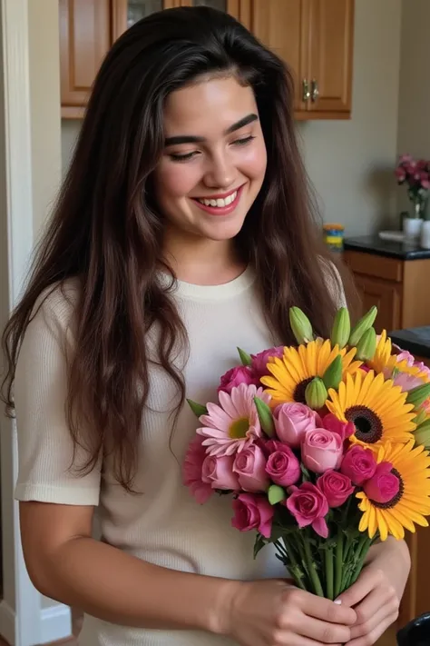 A girl, Jennifer Connelly at age 17, with glossy dark long straight hair, smiling, holding a colorful bouquet, looking at the bouquet admiring it, the background is her home, a clean environment, photo taken on a phone, image seen from above, the photo mus...