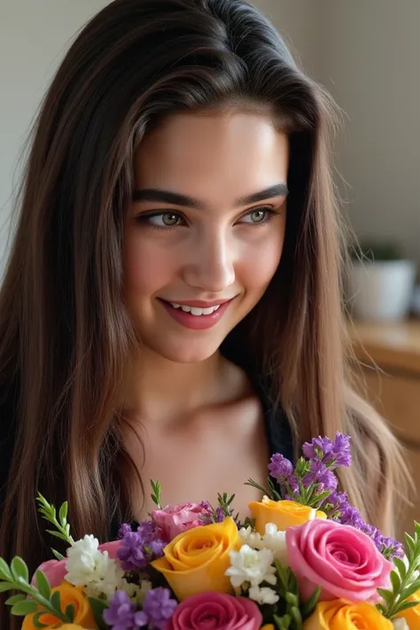 A girl, Jennifer Connelly at age 17, with glossy dark long straight hair, smiling, holding a colorful bouquet, looking at the bouquet admiring it, the background is her home, a clean environment, photo taken on a phone, image seen from above, the photo mus...