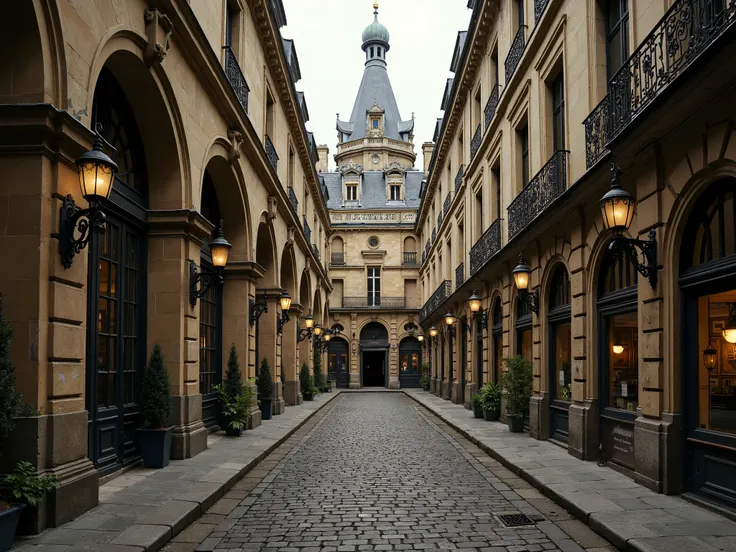 Je voudrai que tu crées un hôtel particulier majestueux parisien du 18ème siècle, en plein dans une impasse parisienne de l'époque qui fait office de cours et où on ne voit aucuns passants. Tu peux t'inspirer du film des animaux fantastiques : les crimes d...