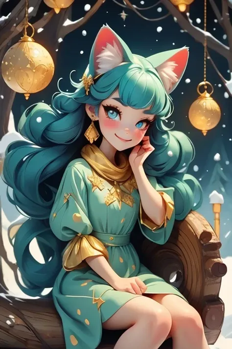 Perfect face. Perfect hands. A petite teal haired woman with golden eyes and teal cat ears and a teal cat tail in a winter wonderland dress is smiling while sitting on a log  in a winter wonderland
