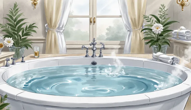 A big, wide bathtub, filled woth water



 (masterpiece best quality:1.2) delicate illustration ultra-detailed,

