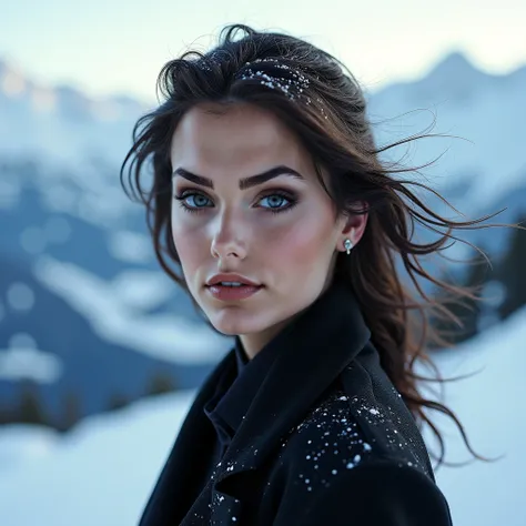 Cette femme en montagne avec de la neige. Un air sexy dans le regard qui regarde l'objectif. 