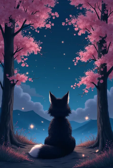 A cover book with background with Sakura forest, night sky and firefly. The character is a girl and also a human like fox. Make the character look black but can see their detail who is fox who is human