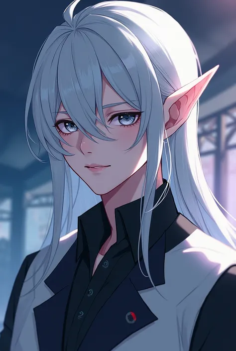 white-skinned man, The appearance of an elf,  pointed ears ,  long silver hair , Asymmetric hairstyle with one eye covered with hair,  animation style, Japanese cartoon style ,  cool impression