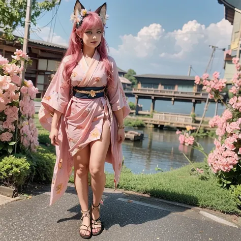 a girl with a sword and a cape, long hair, blue eyes, hair ornament, animal ears, twintails, tail, pink hair, flower, outdoors, japanese clothes, sky, hair flower, kimono, fox ears, sandals